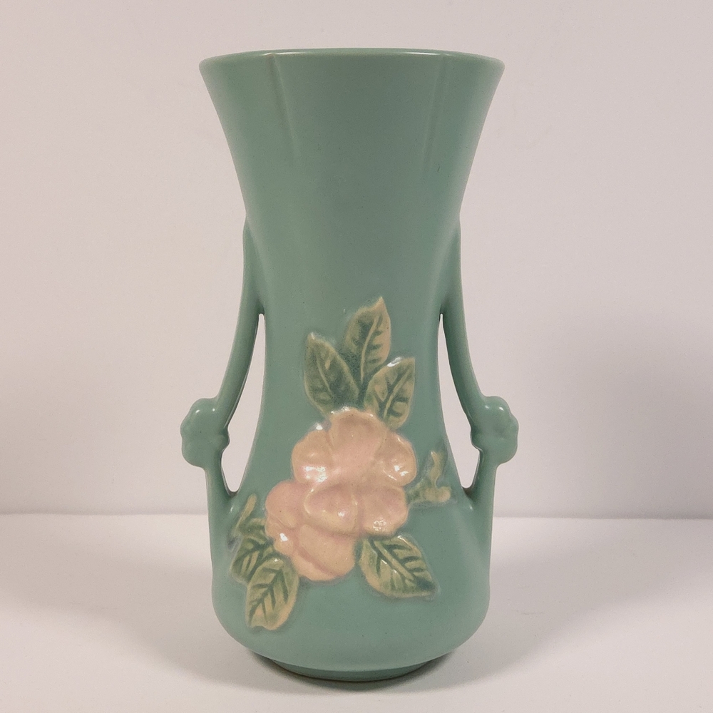 Weller Wild Rose Vase Art Pottery 7.25" Aqua Green Floral W/ Handles 1930s GUC!